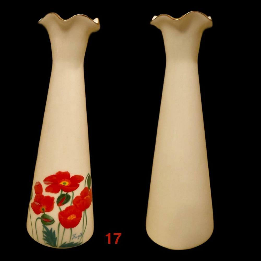 Bone China Vintage Floral Cream Bud Vase With Red Poppies
